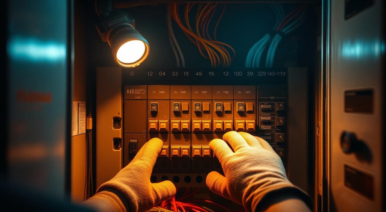 Electrician working inside an open residential electrical panel under a headlamp