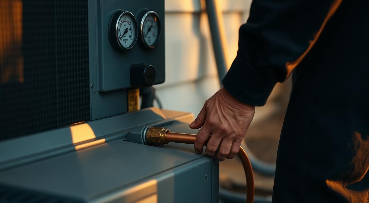 HVAC technician servicing an outdoor condenser unit at golden hour