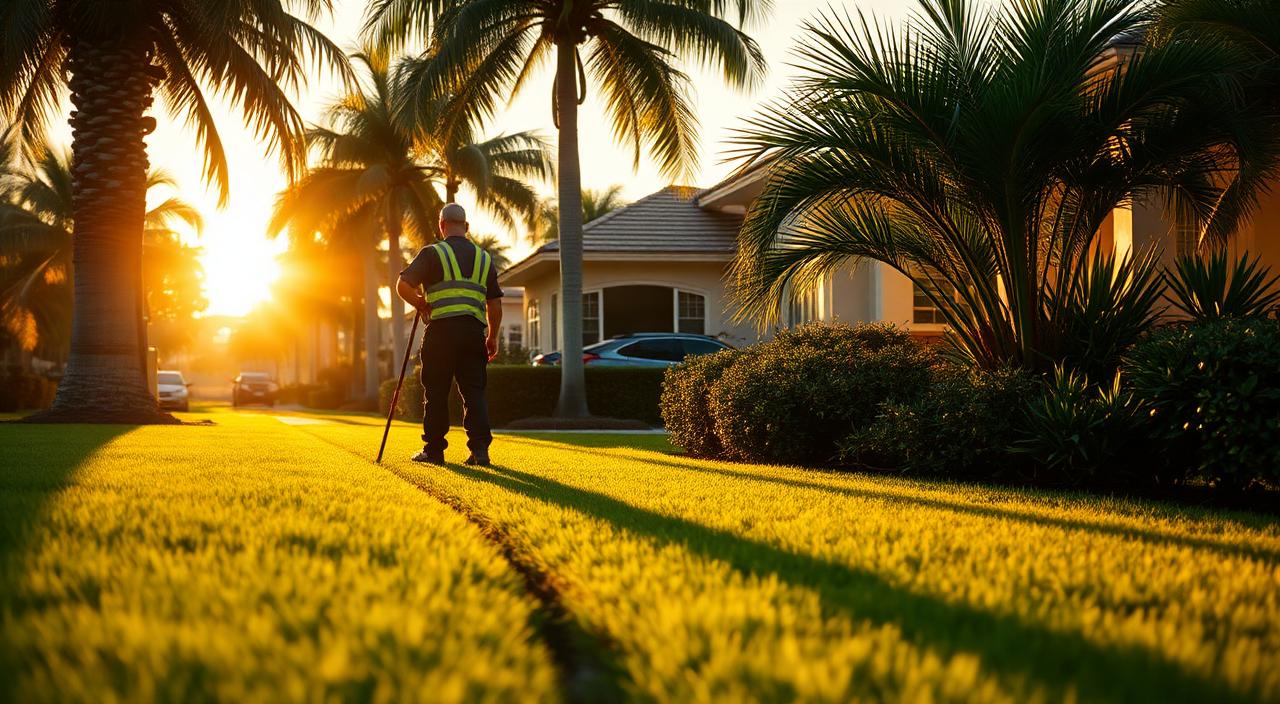 Landscape crew worker edging a manicured lawn at golden hour