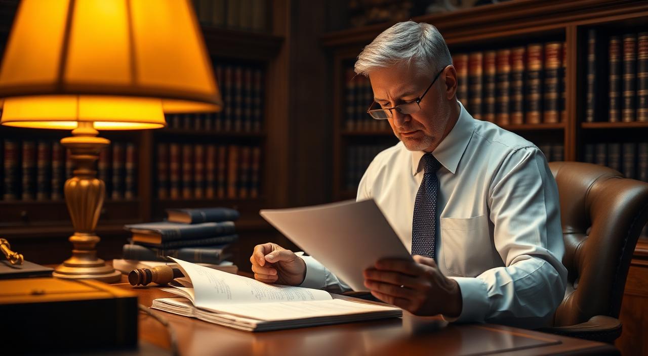 Attorney reviewing a case file at a wooden desk under warm lamplight