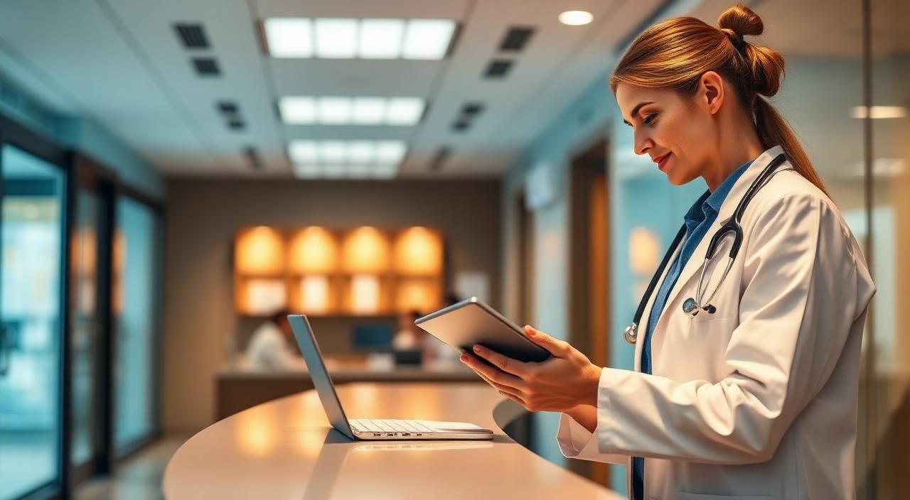 Clinician reviewing a patient chart on a tablet at a modern clinic front desk