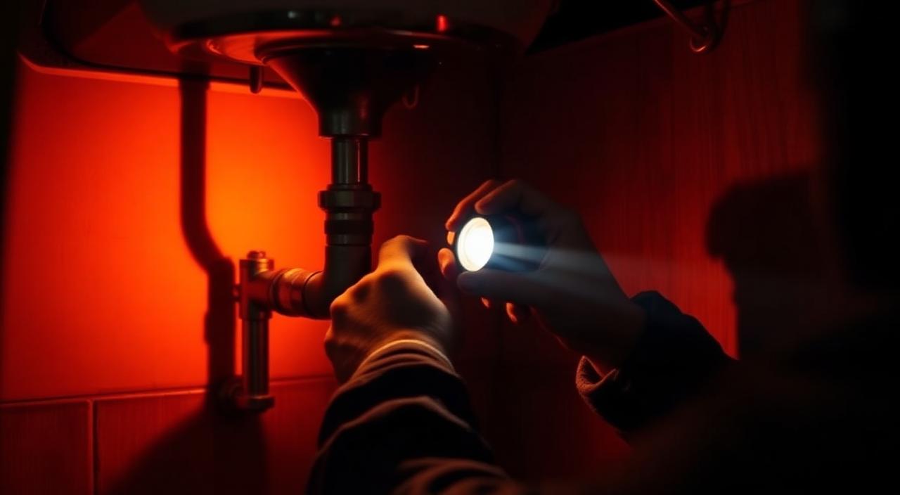 Plumber's hands fitting copper pipes under a sink, lit by a flashlight