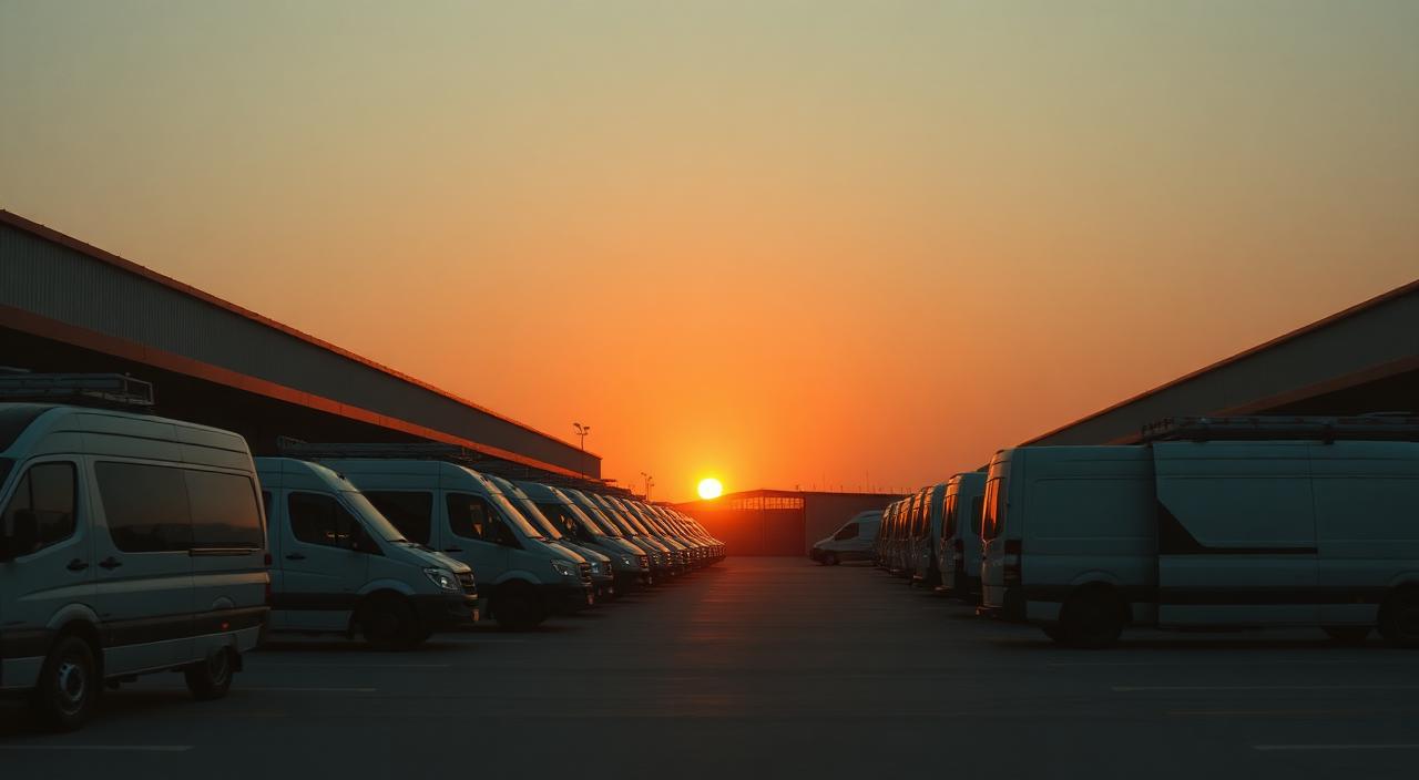 A row of service vans parked at a depot at dawn, sunrise breaking the horizon