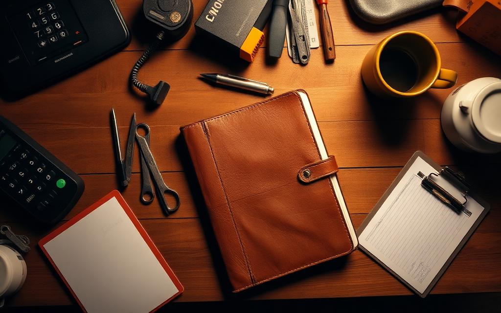 Overhead view of a leather notebook, phone, and tools on a wooden desk