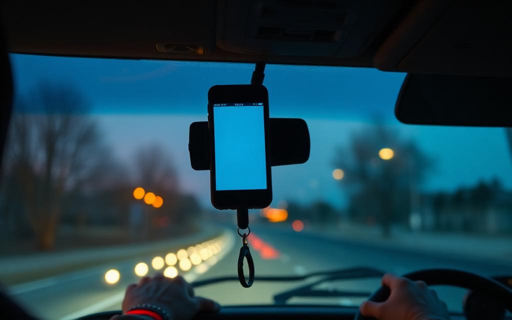 Service van dashboard at dusk with a mounted phone glowing on the road