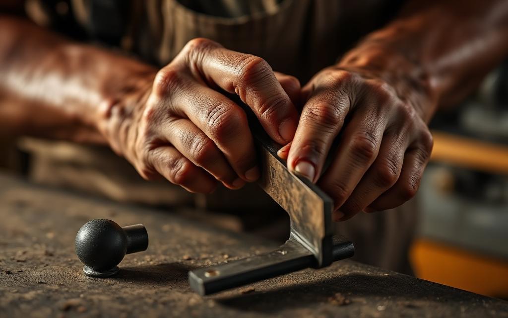 Weathered hands sharpening a hand tool on a workbench