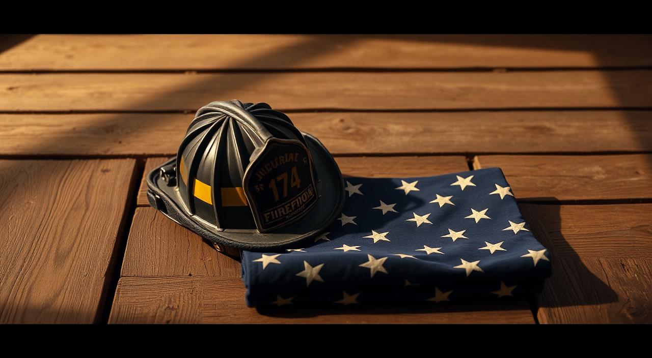 Firefighter helmet and folded American flag on weathered wood in warm light