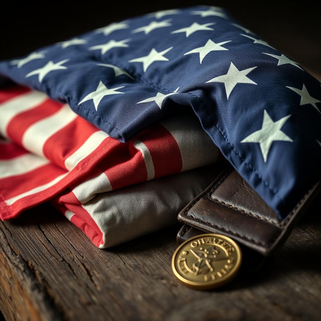 Folded American flag, leather work glove, and brass challenge coin on weathered wood